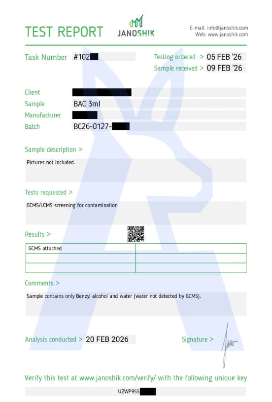 Bac Water 3ml certificate of analysis preview